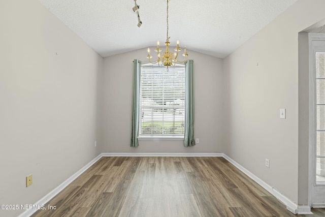 1608 Rustling Dr, Fleming Island, FL 32003 - unfurnished dining area featuring a chandelier, wood finished floors, baseboards, vaulted ceiling, and a textured ceiling