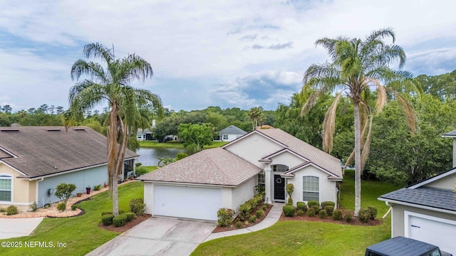 1608 Rustling Dr, Fleming Island, FL 32003 - single story home with stucco siding, driveway, an attached garage, and a front yard