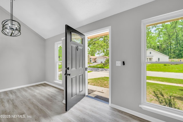 8687 Bishopswood Dr, Jacksonville, FL 32244 - foyer with plenty of natural light, lofted ceiling, a chandelier, and wood finished floors