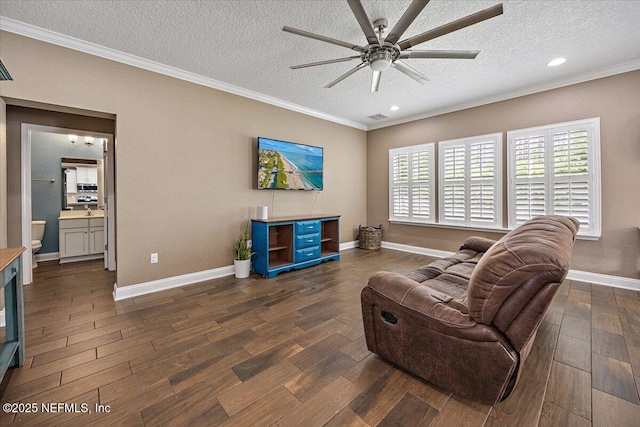 795 Shetland Dr, Saint Johns, FL 32259 - living room featuring ornamental molding, ceiling fan, a textured ceiling, dark wood-type flooring, and recessed lighting
