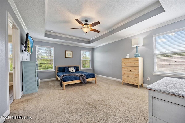 795 Shetland Dr, Saint Johns, FL 32259 - carpeted bedroom featuring ornamental molding, a tray ceiling, a textured ceiling, and ceiling fan
