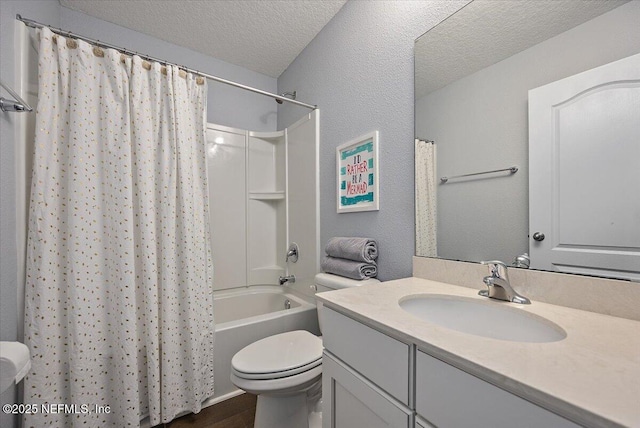 795 Shetland Dr, Saint Johns, FL 32259 - bathroom with a textured ceiling, vanity, shower / bathtub combination with curtain, and wood finished floors