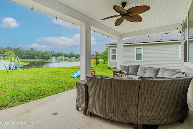 194 Napo Way, Saint Johns, FL 32259 - view of patio featuring outdoor lounge area, a water view, a playground, and a ceiling fan