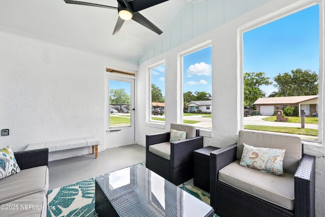 2734 Colonies Dr, Jacksonville Beach, FL 32250 - sunroom / solarium featuring vaulted ceiling, ceiling fan, and an outdoor living space