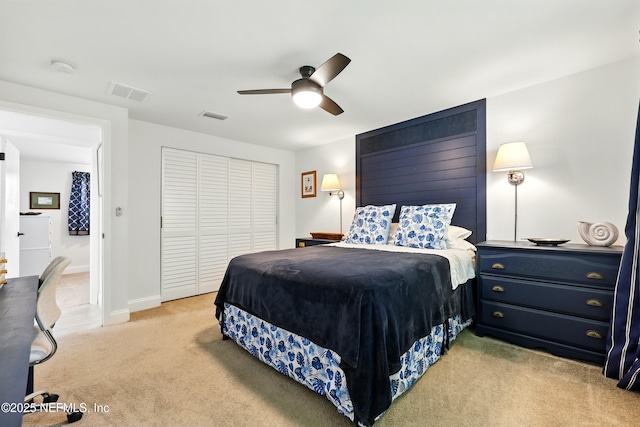 2734 Colonies Dr, Jacksonville Beach, FL 32250 - bedroom featuring light carpet, a closet, baseboards, and ceiling fan