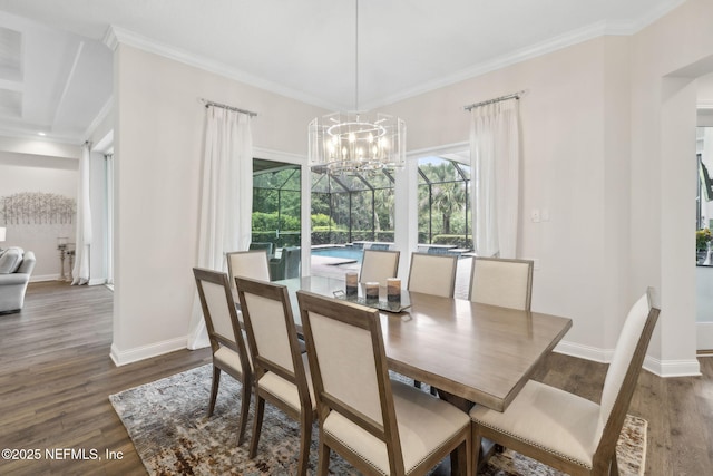 1332 N Loop Pkwy, Saint Augustine, FL 32095 - dining space featuring dark wood-style flooring, healthy amount of natural light, crown molding, and a chandelier