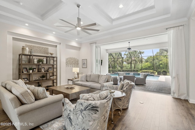 1332 N Loop Pkwy, Saint Augustine, FL 32095 - living room featuring a ceiling fan, coffered ceiling, beamed ceiling, wood-type flooring, and ornamental molding