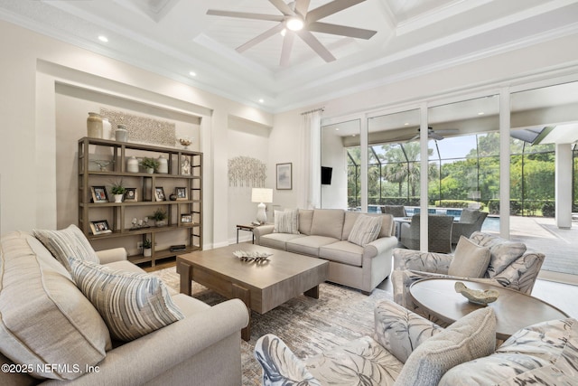 1332 N Loop Pkwy, Saint Augustine, FL 32095 - living room with a ceiling fan, ornamental molding, coffered ceiling, recessed lighting, and beam ceiling