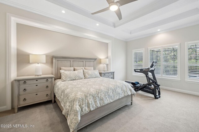 1332 N Loop Pkwy, Saint Augustine, FL 32095 - carpeted bedroom with ornamental molding, a tray ceiling, recessed lighting, and a ceiling fan