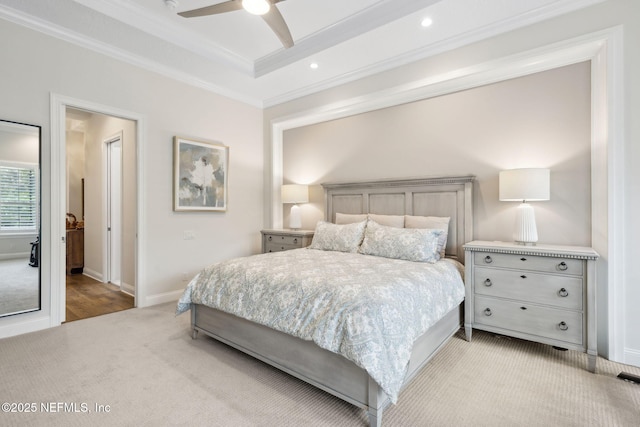 1332 N Loop Pkwy, Saint Augustine, FL 32095 - carpeted bedroom with crown molding, recessed lighting, a raised ceiling, and ceiling fan