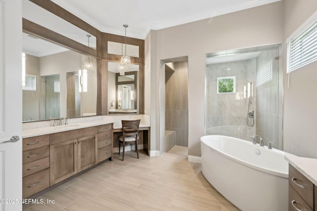 1332 N Loop Pkwy, Saint Augustine, FL 32095 - bathroom featuring a freestanding tub, vanity, a walk in shower, and ornamental molding