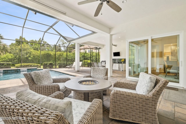 1332 N Loop Pkwy, Saint Augustine, FL 32095 - view of patio / terrace with ceiling fan, an outdoor living space with a fire pit, an outdoor pool, and glass enclosure