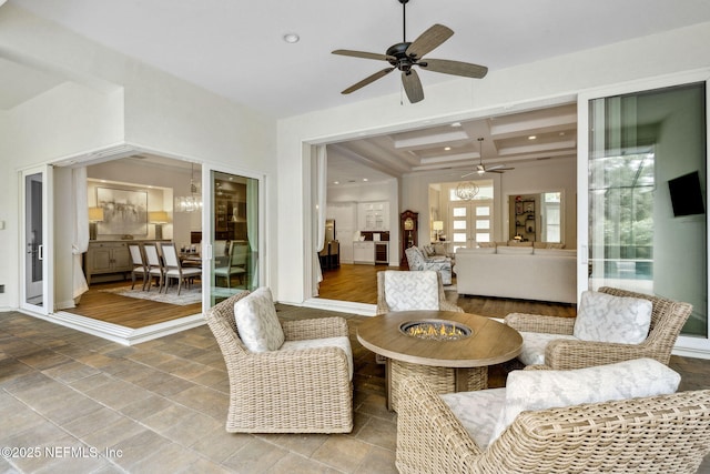 1332 N Loop Pkwy, Saint Augustine, FL 32095 - living room with coffered ceiling, ceiling fan, recessed lighting, and beam ceiling