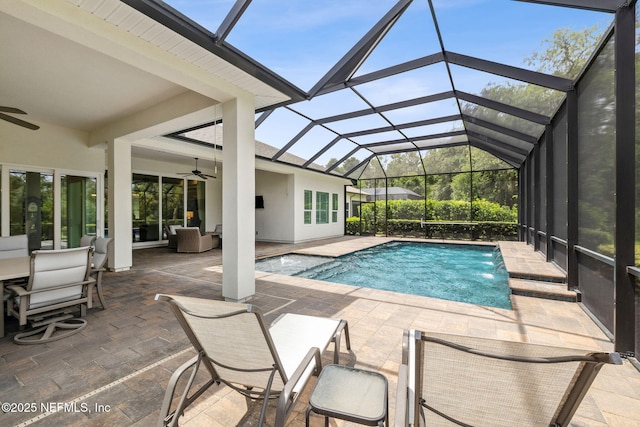 1332 N Loop Pkwy, Saint Augustine, FL 32095 - outdoor pool with a ceiling fan, a patio area, an outdoor living space, and a lanai