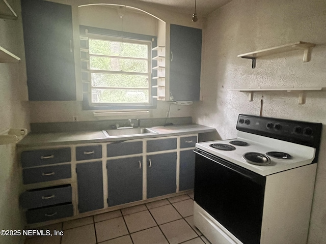 3526 Poinsetta St, Jacksonville, FL 32254 - kitchen with white electric range oven, light tile patterned floors, open shelves, and light countertops