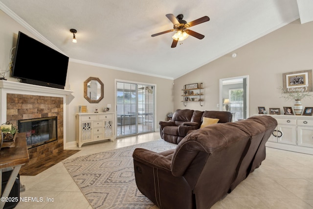 11087 Danzig Way, Jacksonville, FL 32257 - living area featuring light tile patterned flooring, ornamental molding, a fireplace, a ceiling fan, and lofted ceiling