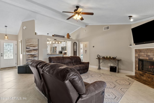 11087 Danzig Way, Jacksonville, FL 32257 - living area featuring light tile patterned floors, ceiling fan, and a fireplace