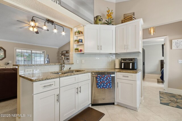 11087 Danzig Way, Jacksonville, FL 32257 - kitchen with dishwasher, a sink, ornamental molding, a peninsula, and white cabinets
