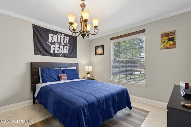 11087 Danzig Way, Jacksonville, FL 32257 - tiled bedroom with a chandelier, crown molding, and baseboards