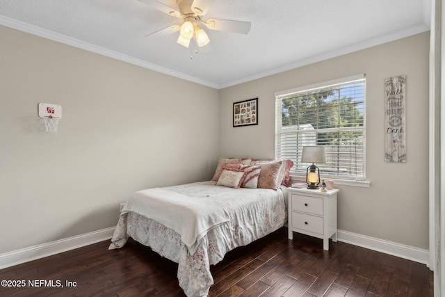 11087 Danzig Way, Jacksonville, FL 32257 - bedroom with baseboards, crown molding, dark wood-style flooring, and ceiling fan