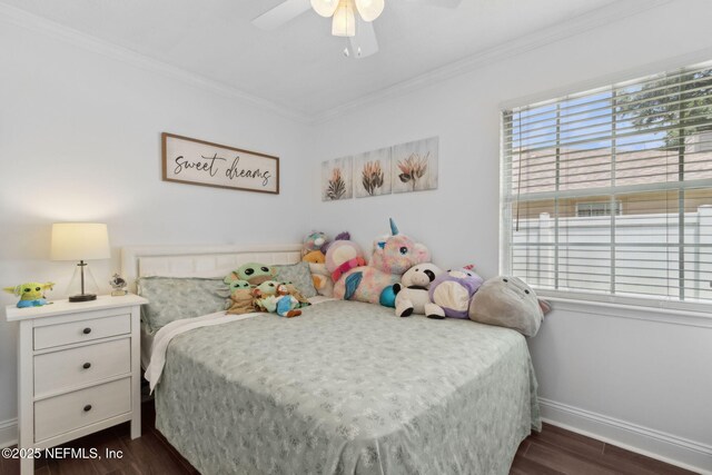 11087 Danzig Way, Jacksonville, FL 32257 - bedroom featuring dark wood-style flooring, baseboards, crown molding, and a ceiling fan