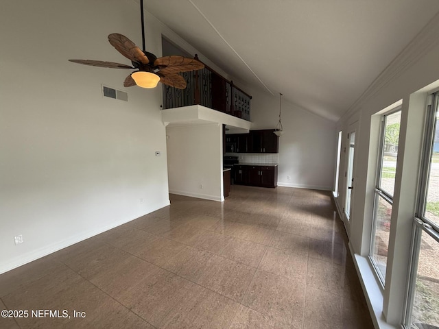 2406 Oakview Dr, Jacksonville, FL 32246 - unfurnished living room featuring high vaulted ceiling, baseboards, a ceiling fan, and ornamental molding