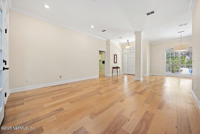 2227 Barefoot Trce, Atlantic Beach, FL 32233 - unfurnished room with light wood-style floors, ornamental molding, ornate columns, and recessed lighting