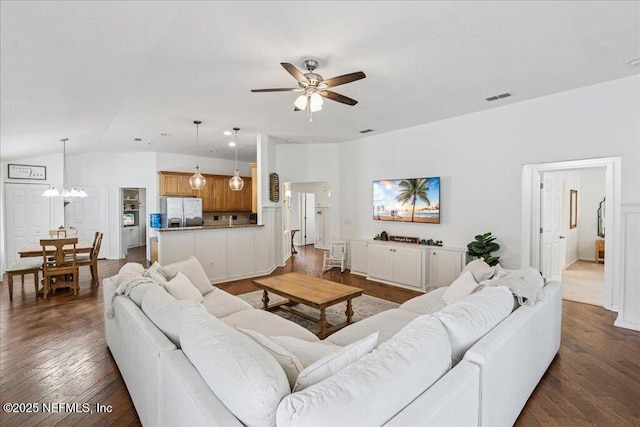 800 Marjories Way, Saint Augustine, FL 32092 - living room featuring ceiling fan, a chandelier, dark wood finished floors, and lofted ceiling