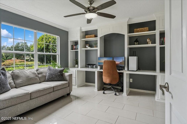 800 Marjories Way, Saint Augustine, FL 32092 - office space featuring ornamental molding, light tile patterned floors, a ceiling fan, a textured ceiling, and built in shelves