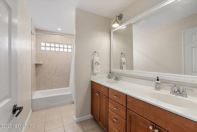 321 5th St, Atlantic Beach, FL 32233 - bathroom with tile patterned floors, double vanity, shower / bathtub combination with curtain, and baseboards