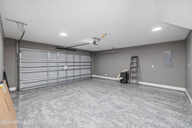 3064 Hickory Glen Dr, Jacksonville, FL 32065 - garage featuring electric panel, recessed lighting, baseboards, and a garage door opener