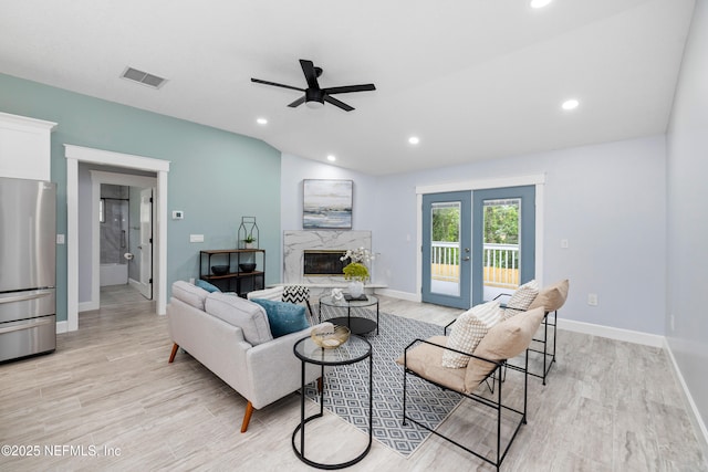 3064 Hickory Glen Dr, Jacksonville, FL 32065 - living room featuring ceiling fan, french doors, baseboards, light wood-type flooring, and recessed lighting