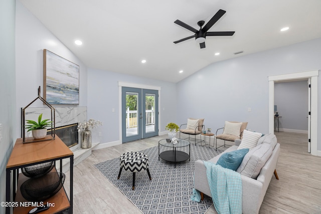 3064 Hickory Glen Dr, Jacksonville, FL 32065 - living area with wood finished floors, vaulted ceiling, ceiling fan, french doors, and recessed lighting