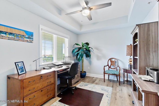 525 3rd St S Unit 513, Jacksonville Beach, FL 32250 - office area with light wood-style flooring, a tray ceiling, and ceiling fan