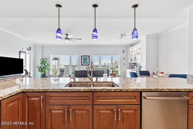 525 3rd St S Unit 513, Jacksonville Beach, FL 32250 - kitchen featuring open floor plan, stainless steel dishwasher, ceiling fan, ornamental molding, and light stone counters