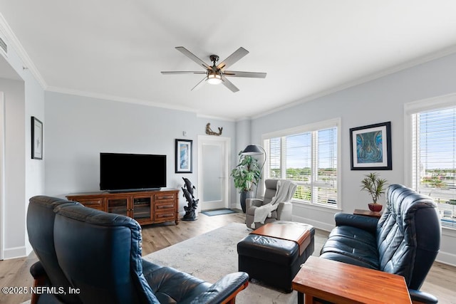 525 3rd St S Unit 513, Jacksonville Beach, FL 32250 - living area featuring healthy amount of natural light, a ceiling fan, crown molding, and light wood finished floors