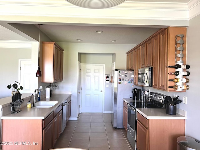 11110 Castlemain Cir S, Jacksonville, FL 32256 - kitchen featuring appliances with stainless steel finishes, light tile patterned floors, brown cabinetry, light countertops, and crown molding