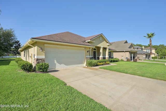 1804 Eagle Crest Dr, Fleming Island, FL 32003 - view of front of house with stone siding, an attached garage, driveway, a front lawn, and stucco siding