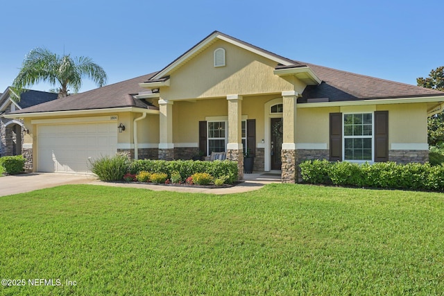 1804 Eagle Crest Dr, Fleming Island, FL 32003 - view of front of home featuring stone siding, a garage, a front lawn, and concrete driveway