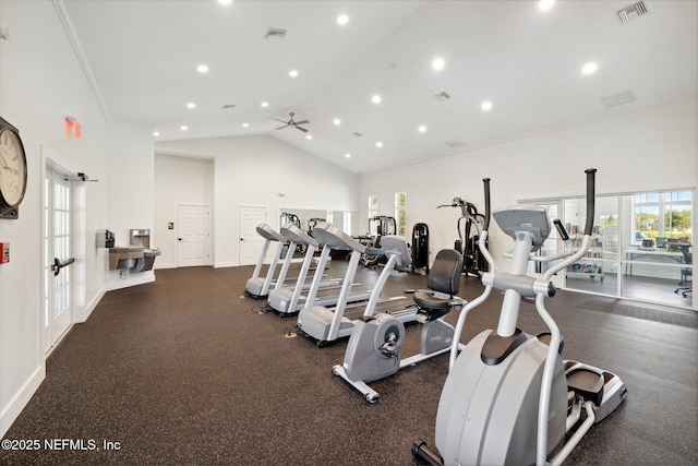 1382 Parkland Trl, Saint Augustine, FL 32095 - exercise room featuring french doors, high vaulted ceiling, recessed lighting, baseboards, and ceiling fan