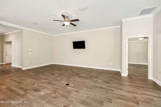 1382 Parkland Trl, Saint Augustine, FL 32095 - unfurnished living room featuring a ceiling fan, wood finished floors, baseboards, and ornamental molding
