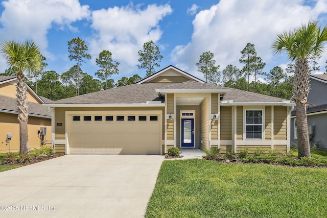 1382 Parkland Trl, Saint Augustine, FL 32095 - view of front of house featuring a garage, concrete driveway, a front lawn, and roof with shingles