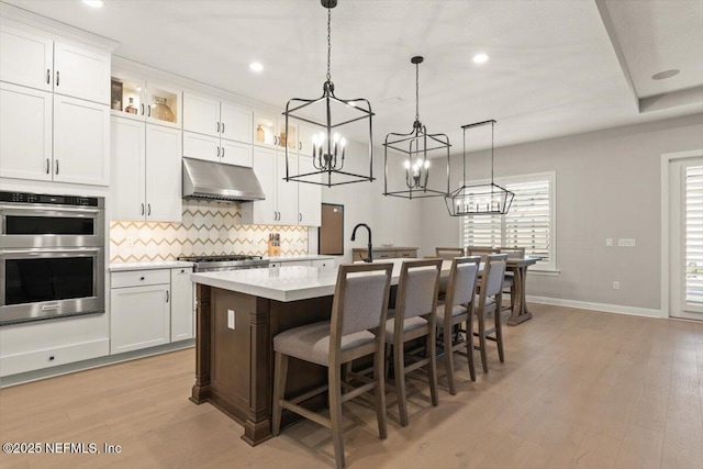 87 Tradesman Ln, Saint Johns, FL 32259 - kitchen with under cabinet range hood, stainless steel double oven, tasteful backsplash, light countertops, and light wood-style floors