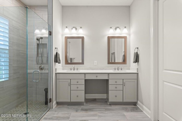 87 Tradesman Ln, Saint Johns, FL 32259 - bathroom featuring a shower stall, double vanity, and healthy amount of natural light