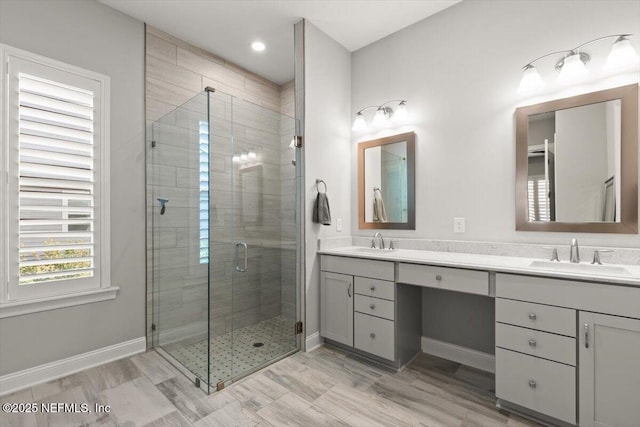 87 Tradesman Ln, Saint Johns, FL 32259 - full bath with double vanity, a shower stall, and recessed lighting