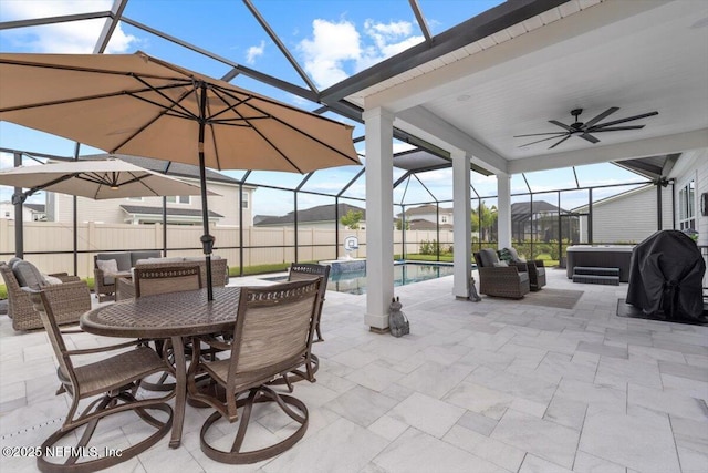87 Tradesman Ln, Saint Johns, FL 32259 - view of patio / terrace with an outdoor hot tub, glass enclosure, ceiling fan, and outdoor dining area