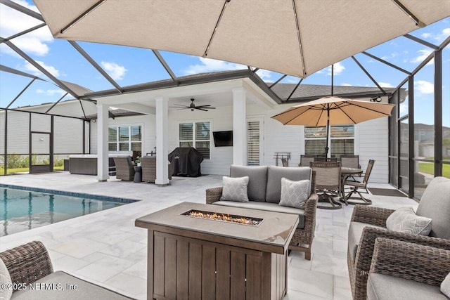 87 Tradesman Ln, Saint Johns, FL 32259 - view of patio / terrace featuring an outdoor living space with a fire pit, glass enclosure, an outdoor pool, ceiling fan, and outdoor dining area
