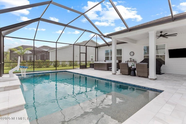 87 Tradesman Ln, Saint Johns, FL 32259 - swimming pool featuring a patio, an outdoor living space, a ceiling fan, and glass enclosure