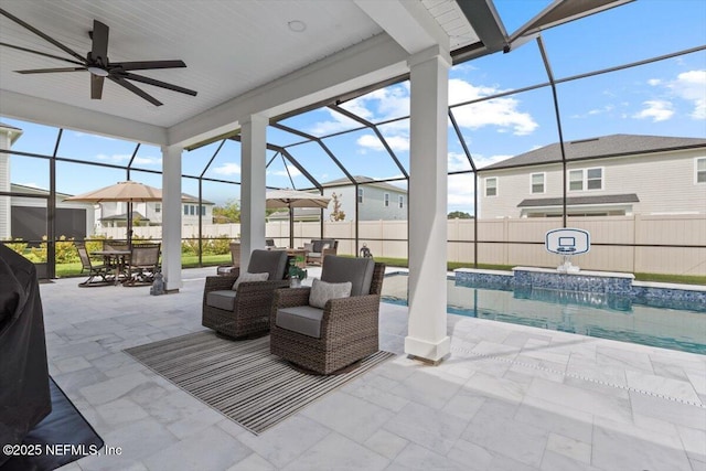 87 Tradesman Ln, Saint Johns, FL 32259 - view of patio / terrace featuring a ceiling fan, outdoor dining space, glass enclosure, and a residential view
