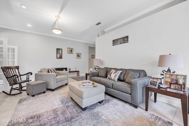 6542 Burnham Cir, Ponte Vedra Beach, FL 32082 - living room with light tile patterned floors, ornamental molding, and recessed lighting
